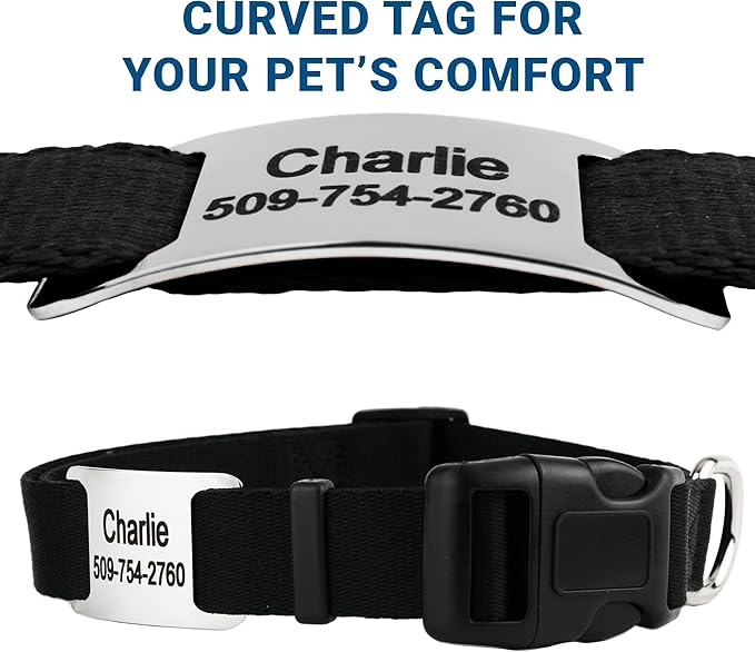 GoTags Personalized Dog Collar with Nameplate, Adjustable Dog Collar with Custom Engraved Slide On Pet ID Tag in Stainless Steel, Silent, No Noise Dog Tag for Large Medium and Small (Black, Large)