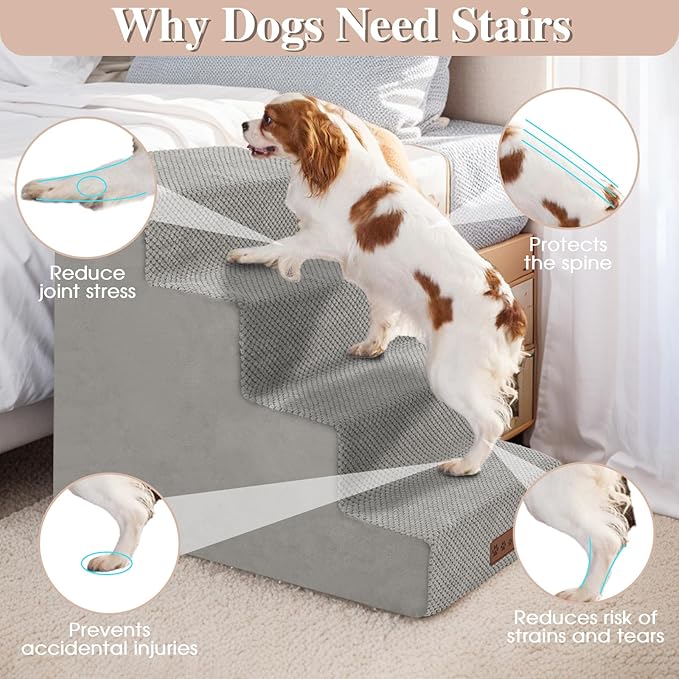 GGIB Non-Slip Pet Stairs for Small Dogs & Cats - 4-Step, Removable Washable Cover, Light Grey, 17" H