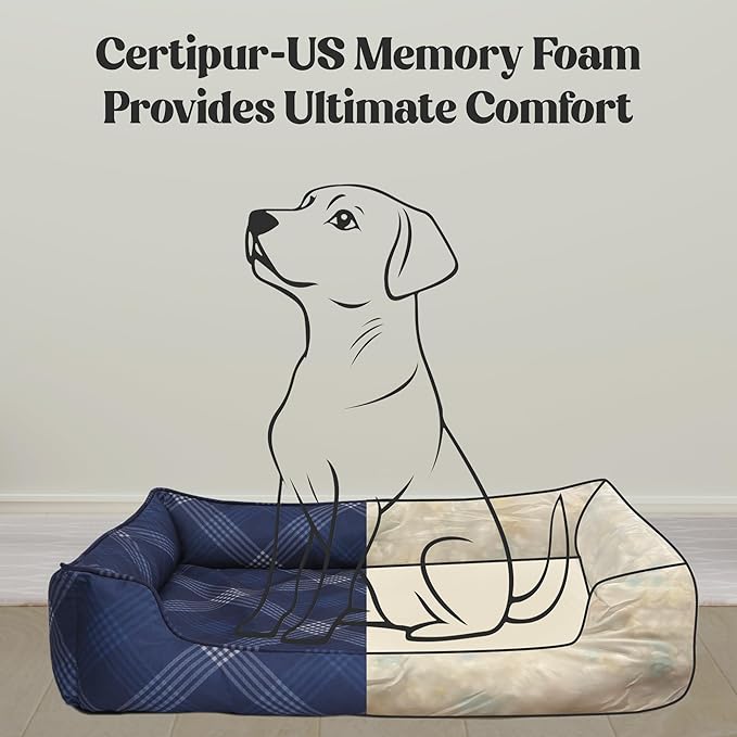 Orthopedic Bolster Dog Bed – CertiPUR-US Foam, Recycled Polyester Canvas, Washable Cover, Anti-Slip Bottom, Small, Navy Plaid – Stylish Designer Dog Sofa
