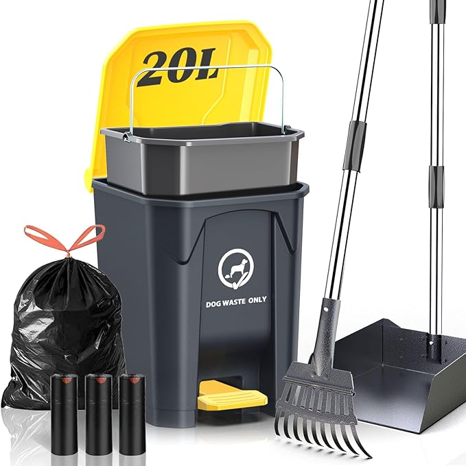 Outdoor Dog Poop Trash Can with Pooper Scooper & 60 Free Poop Bags -15 L/4 Gallon Dog Waste Trash Can Pet Waste Disposal Station with Inner Bucket - Metal Dog Pooper Scooper Great for All Sized Dogs