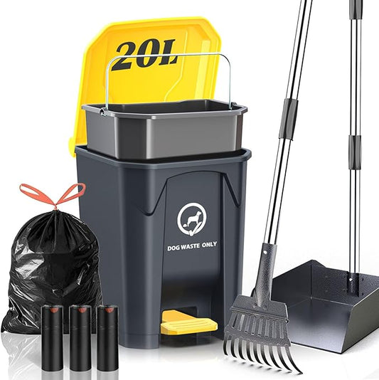Outdoor Dog Poop Trash Can with Pooper Scooper & 60 Free Poop Bags -15 L/4 Gallon Dog Waste Trash Can Pet Waste Disposal Station with Inner Bucket - Metal Dog Pooper Scooper Great for All Sized Dogs