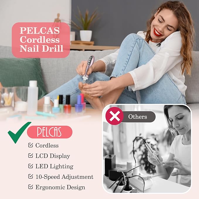PELCAS Electric Nail File, 10 Speeds Cordless Nail Drill Kit with LED Light, Professional Nail Grinder with LCD Screen Portable e File for Human, Pet, Thick Toenails, Natural & Acrylic Nails Pink
