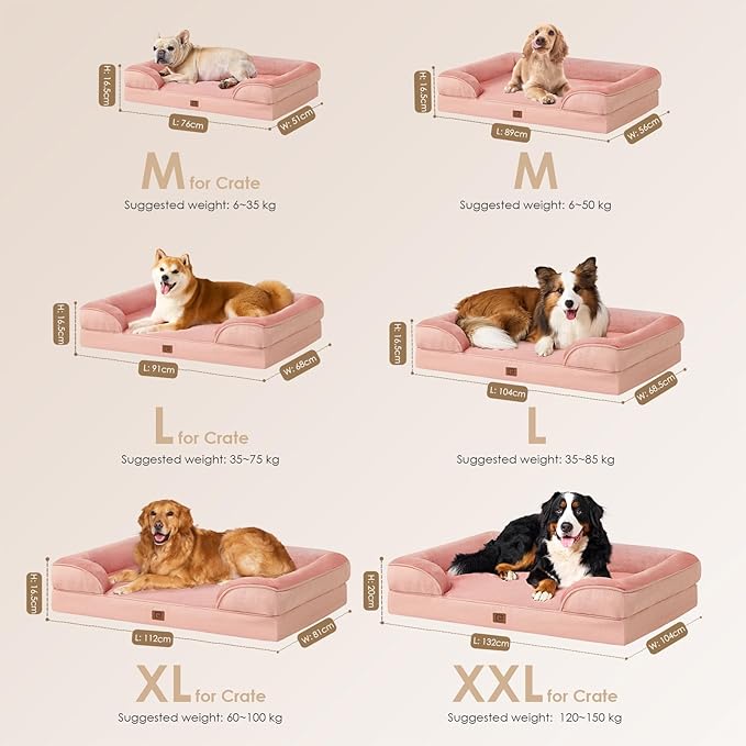EHEYCIGA Orthopedic Dog Beds for Large Dogs, Waterproof Memory Foam Large Dog Bed with Sides, Non-Slip Bottom and Egg-Crate Foam Pet Couch Bed with Washable Removable Cover, Dusty Pink