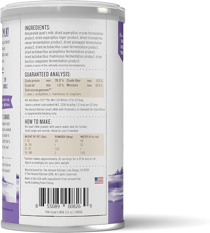 The Honest Kitchen Human Grade Instant Goat's Milk with Probiotics for Dogs and Cats, 5.2 Ounces