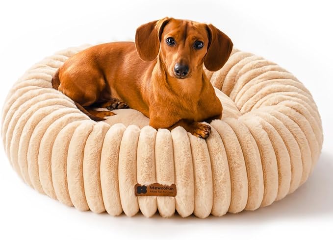 MEWOOFUN Donut Dog Beds for Small Dog, Calming Bed Round Cute Puppy Bed with Non-Slip Bottom, Fluffy Washable Pet Bed for Puppy and Kitten (Light Brown, S (25x25x7))