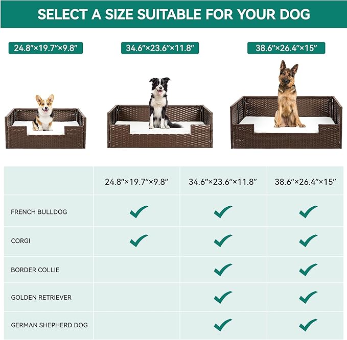 YITAHOME Rattan Dog Sofa Bed with Cushion,Wicker Pet Bed Sofa Couch Indoor Outdoor Water Unaffected for Large Medium Small Dogs Cats (24.8''L*19.7''W*9.8'',Beige)