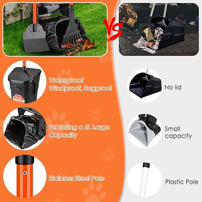 SlowTon Dog Pooper Scooper - 37.4" Long Handle Adjustable Metal Swivel Bin & Rake & Spade Kit with 20 Waste Bags, Portable Pooper Scooper for Gravel Lawn Grass, Suit for Small Medium Large Dog