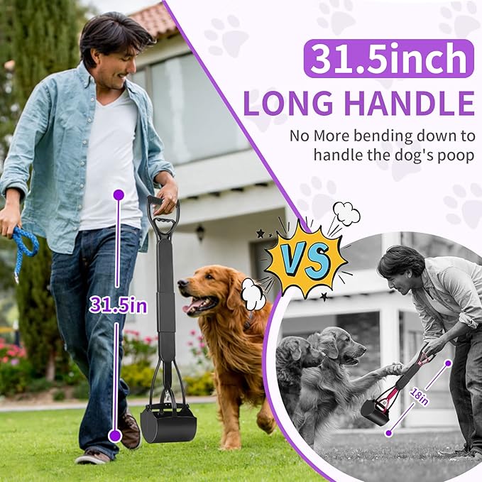 UPSKY 32'' Pooper Scooper for Large Small Dogs, Long Handle Dog Poop Scooper with Waste Bags, Portable Dog Poop Pick Up Tool, Folding Poop Scoop for Yard, Grass, Dirt, Gravel Black