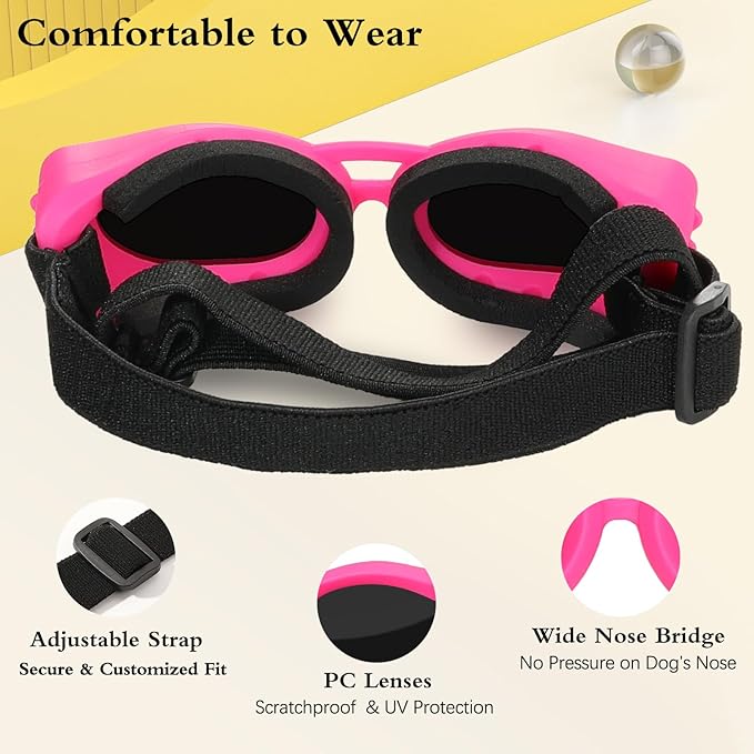 Dog Sunglasses Small Breed, Small Dog Goggles with Adjustable Straps, UV/Wind/Dust/Fog Proof Dog Eye Protection Sunglasses for Outdoor Car Driving Riding, Pink