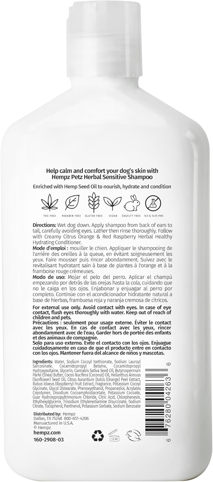 Hempz Petz, Sensitive Dog Shampoo, Oatmeal Complex to Soothe, Creamy Citrus Orange & Red Raspberry Herbal Sensitive Shampoo 17 oz.