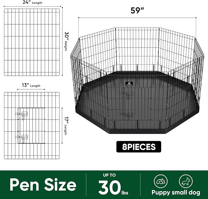 PJYuCien Dog Playpen, 8 Panels 30’’H Dog Pens Indoor with Bottom Pad, Metal Foldable Pet Puppy Exercise Fence Crate Kennel, Better for Small Animals,Black