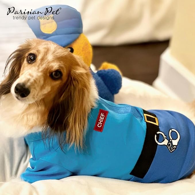 Parisian Pet Embroidered Dog Police Costume - 100% Cotton and Polyester Pet Clothes - Sleeved Cop Costume for Small Blue Dogs