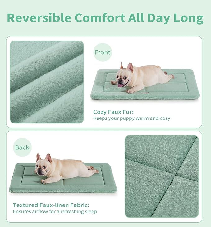 Made4Pets Dog Crate Pad Bed for Large Dogs, Washable & Reversible, Anti-Slip Kennel Mat for Cozy Sleeping, Soft Fluffy Dog Bed for Indoor & Outdoor Use, 44"x32", Green