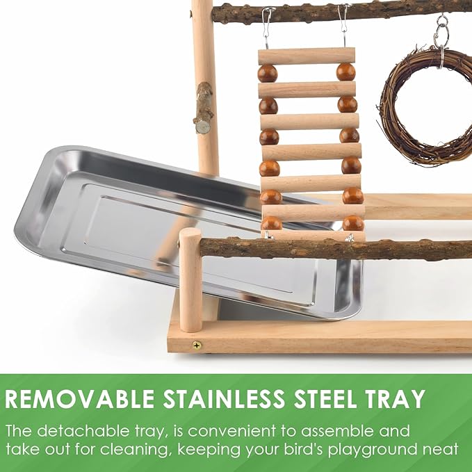 KATUMO Bird Playground - Natural Wooden Perches Parakeet Ladder Conure Swing Bird Cage Accessories with Removable Tray & 2 Stainless Steel Cups