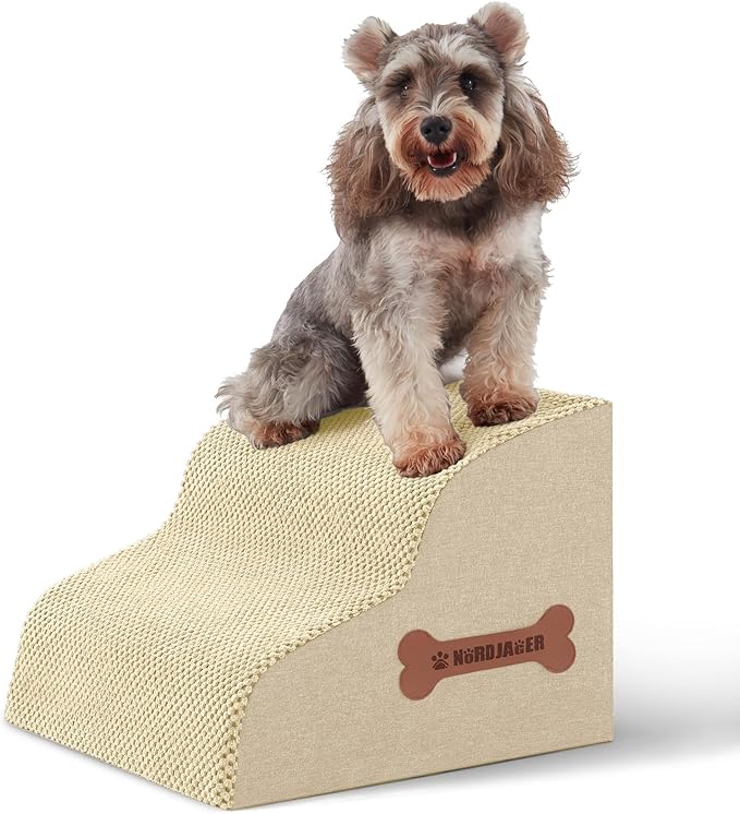 Dog Stairs for Small Dogs and Cats, 2 Steps Pet Stairs to Get on Couch Sofa and Chair, Indoor Non-Slip Balanced Portable Pet Step, High-Density Foam Ramp with Removable Washable Cover, Beige（11.8" H）