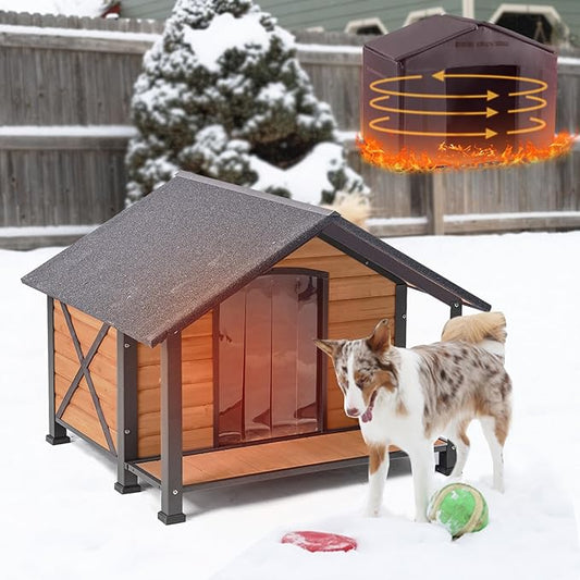 Outdoor Dog House,Weatherproof Wooden Dog Shelter for Medium and Large Sized Dogs,Iron Frame Indoor Outdoor Kennel,Pets Warm House in Winter with Large Porch (34.25"D x40.59"W x 31.5"H -IN)