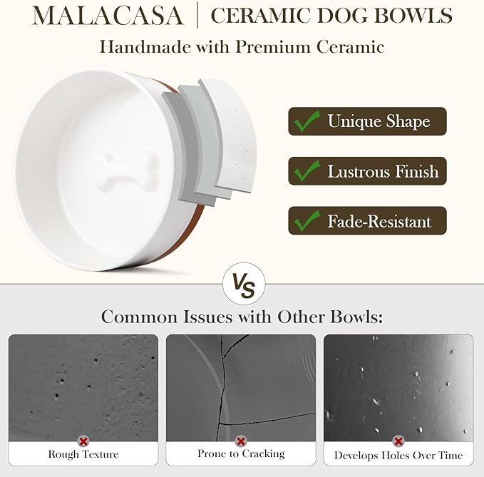 MALACASA Dog Bowls, Ceramic Dogs Bowls with Wood Stand Non-Slip, 6 Cups or 58 oz Capacity Dog Water Food Bowl Glaze Matte Weighted Non-Slip Pet Bowl for Large Dogs (L-6 Cups)