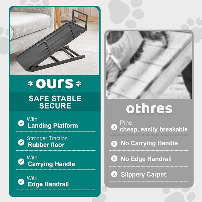 Dog Ramp for Bed, Adjustable Pet Ramps for Dog to Get on Bed, Non-Slip Rubber Surface - Folding Wooden Dog Ramp for Small/Large/Old Dogs, Adjustable up to 23.5 inch High Beds, Safety Railings