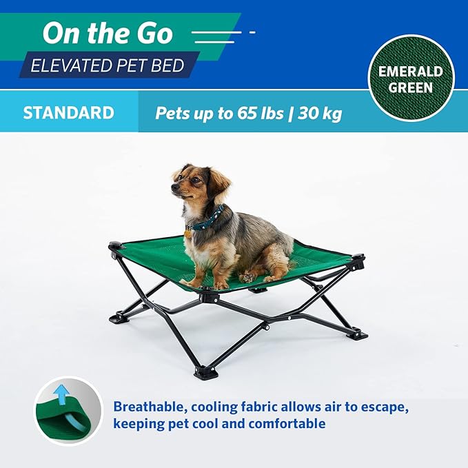 Coolaroo On-The-Go Elevated Dog Bed - Foldable Pop-Up Travel Dog Bed with Breathable, Moisture-Resistant Fabric, Carry Bag Included, Lightweight & Portable, Emerald Green, Standard