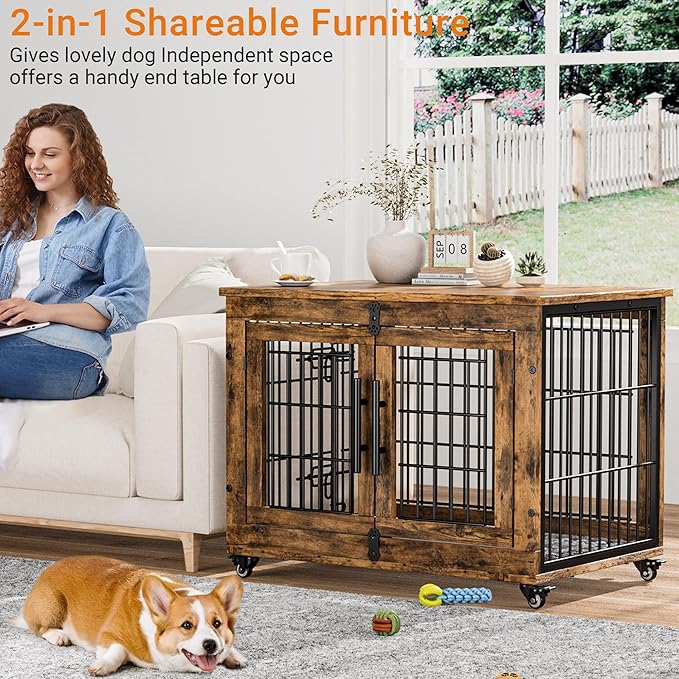 Lulive Dog Crate Furniture, Dog Kennel Indoor Double Doors Wooden Dog Cage, 32'' Heavy Duty Dog Crate with Cushion & Wheels, Decorative End Table Pet House Chew-Resistant for Medium/Small, Brown
