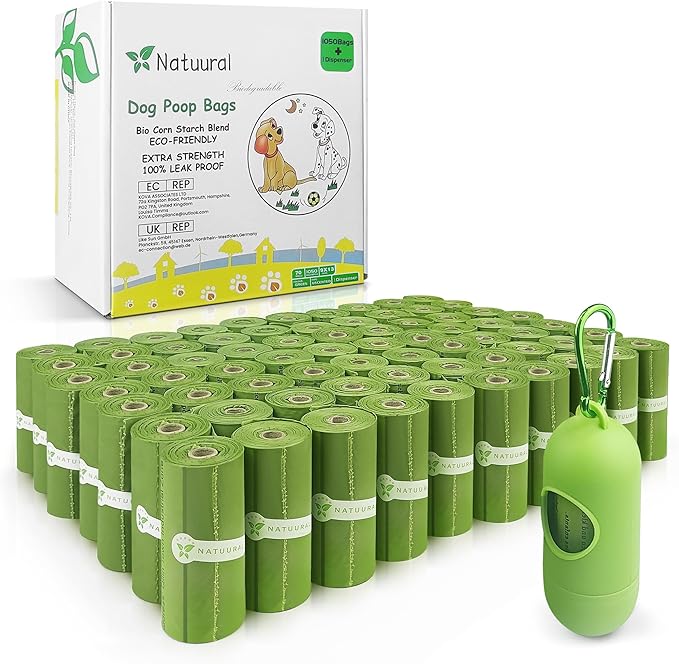 Poop Bags for Dogs-1050 Counts, 70 Rolls With a Free Dispensers, Doggie Poop Bags Made of Cornstarch, Extra Thick and 100% Leak Proof (Green)