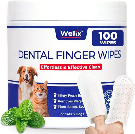 Wellix 100 Count Dog Teeth Cleaning Wipes for Dogs & Cats - Natural Formula Dental Care Finger Wipes Reduces Dog Plaque, Tartar & Bad Breath - No-Rinse Disposable Dog Dental Wipes