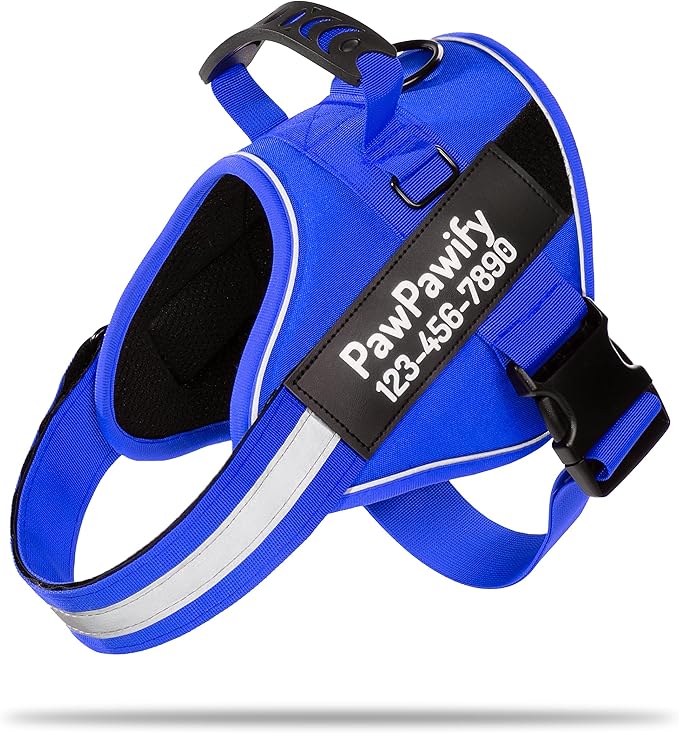 PawPawify Custom No Pull Dog Harness with Name and Phone Number, Heavy Duty Personalized Pet Vest to Prevent Tugging, Pulling, or Choking, Training and Walking (New Blue, XL (60-85 LBS))