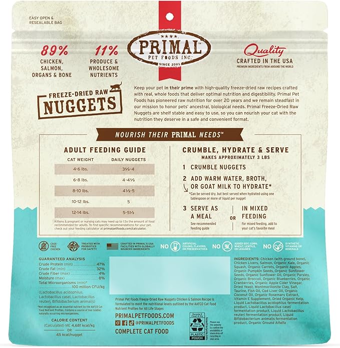 Primal Freeze Dried Raw Cat Food Nuggets Chicken & Salmon, Complete & Balanced Meal or Topper, Premium, Healthy, Grain Free, High Protein Raw Cat Food with Probiotics (14 oz)
