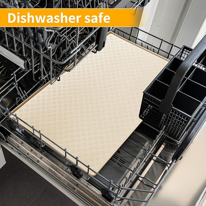 Ptlom Silicone Pet Placemat for Dog and Cat, Waterproof Non-Slip Pet Feeding Bowl Mats for Food and Water, Small Medium Large Tray Mat Prevent Residues from Spilling to Floor, Beige, 24.5" 16.5"