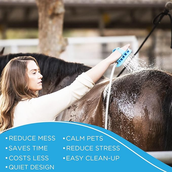 Aquapaw 5-in-1 Horse & Dog Bath Brush & Curry Comb - XL Blue Silicone - Includes 3-ft Shower Hose Attachment & Adapter - Adjustable Spray Scrub Massager - Dog Grooming Supplies