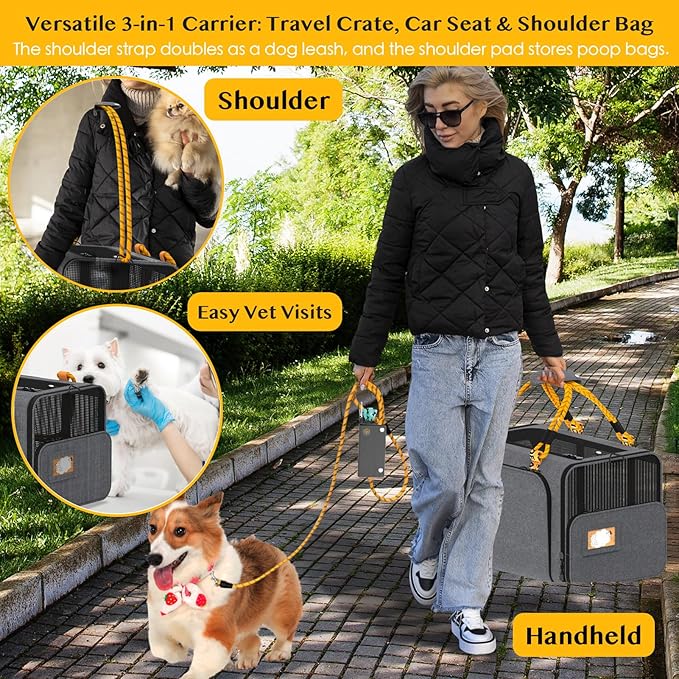 PAWZIDEA Expandable Pet Carrier with Wheels, 24x16x16in Large Cat Carrier for 2 Cats, Soft-Sided Dog Carriers for Small Medium Dog, Collapsible Rolling Travel Bag w/Telescopic Handle, Shoulder Straps