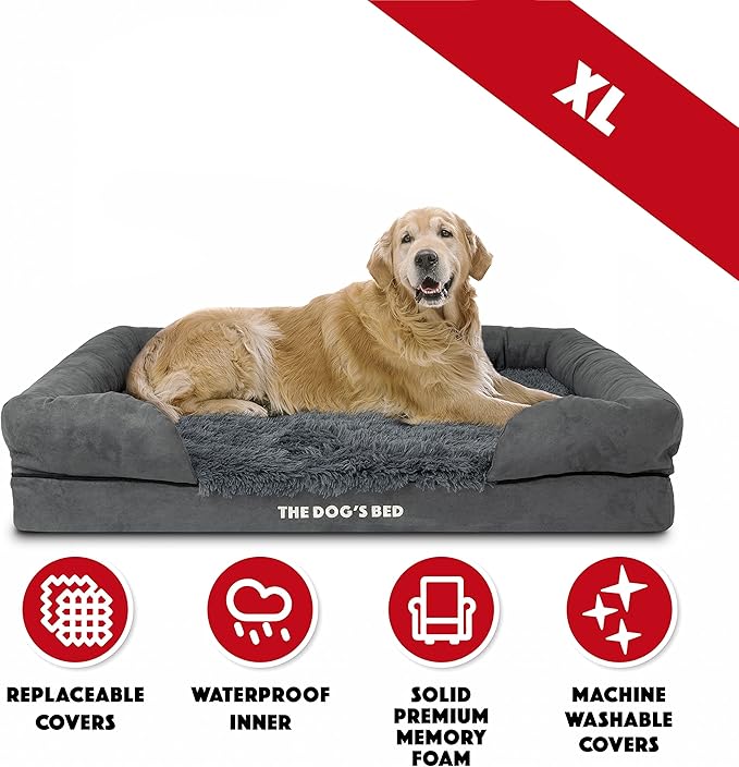 The Dog’s Bed, XL Grey Fur 43.5x34,Memory Foam, Pain Relief: Arthritis, Hip & Elbow Dysplasia, Post Surgery, Lameness, Supportive, Calming, Waterproof Washable Cover, Veterinary Approved