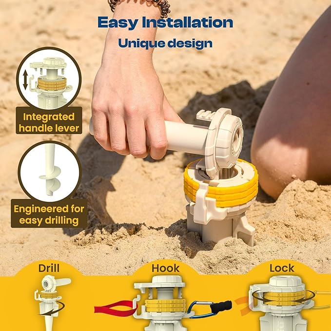 Diggo Dog Stake Beach Anchor - Dog Beach Essentials for All Dog Sizes - Unique 360° Head Rotating Combination Beach Lock System, Heavy Duty Tie Out Stake, Umbrella Sand Anchor, Designed for The Beach