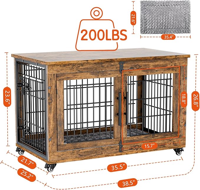 Lulive Dog Crate Furniture Set of 2, Dog Kennel Indoor Double Doors Wooden Dog Cage, 38'' Heavy Duty Dog Crate with Cushion & Wheels, End Table Pet House Chew-Resistant Up to 70 lb, Rustic Brown