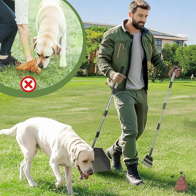 T2Y Pooper Scooper, Extra Long Handle Dog Pooper Scooper, Adjustable Stainless Steel Rake & Spade & Extra Large Tray, Durable Poop Scoopers for Yard, Lawn, Snowfield, Suitable for Multi-Dog Family