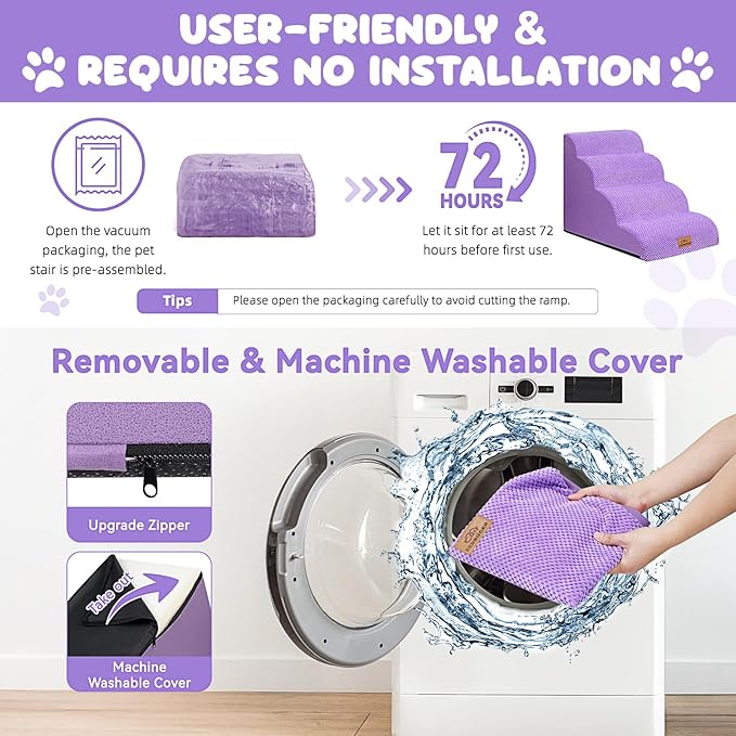 Dog Ramp and Stair for Bed 16" H-20 H,3-Step Cat Stair for Sofa and Chair,4-Step Dog Ramp for High Bed and Window,Durable Nonslip Fabric Cover for Indoor (Purple-20 H, Pet Friendly, 4)