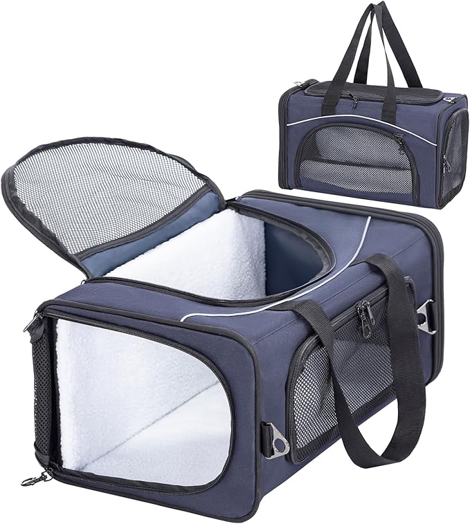 Petsfit Airline Approved Pet Carrier for Small Dogs & Cats, 19x9x12 TSA Approved Carrier, with Removable Dual-Sided Padding (2-Way Placement) - Fits Under Most Airplane Seats, Escape Proof (Navy)
