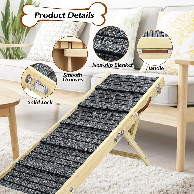 TNELTUEB Large Dog Ramp, 47.2" Long and 15.8" Wide Wooden Folding Portable Pet Ramp, Adjustable from 11.8" to 29.5" with Non-Slip Traction Mat, Dog Ramps for Car, Bed, Couch, Rated for 150 LBS