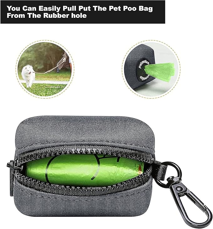 Petmolico Dog Poop Bag Holder Leash Attachment, Dog Waste Bag Dispenser Zippered Pouch, Fits Any Dog Leash, Includes Free Roll of Dog Bags, Poop Bag Dispenser - 2 Pack, Deep Gray