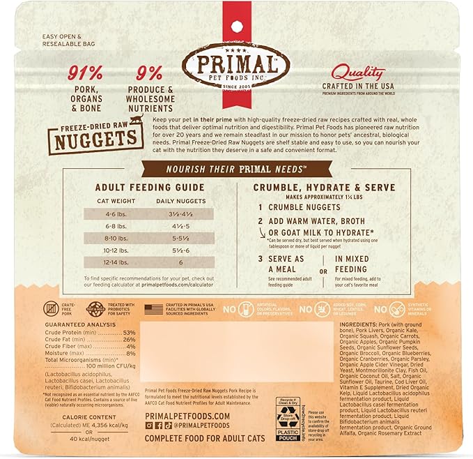 Primal Freeze Dried Raw Cat Food Nuggets Pork, Complete & Balanced Meal or Topper, Premium, Healthy, Grain Free, High Protein Raw Cat Food with Probiotics (5.5 oz)