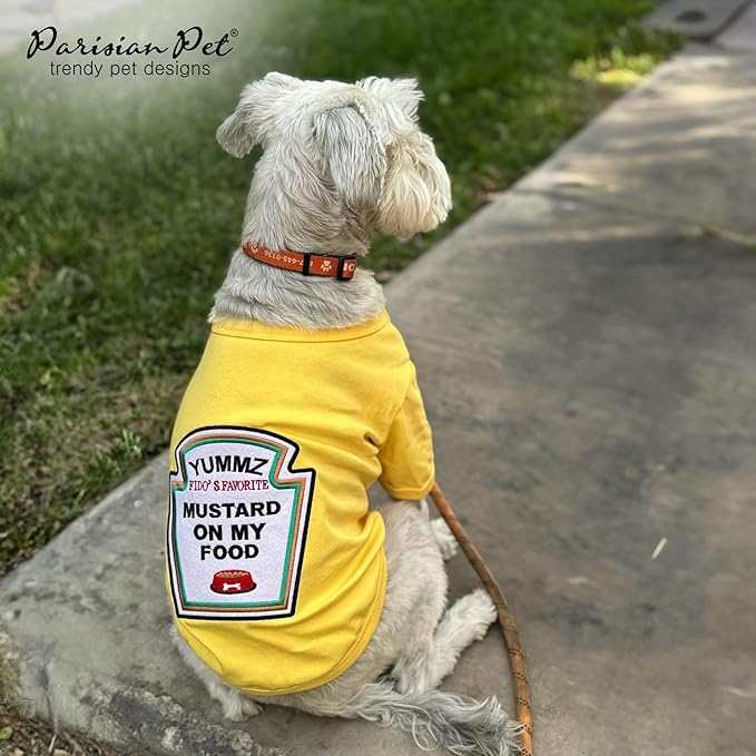 Parisian Pet Dog Shirt - Embroidered “Mustard on My Food“ - 100% Cotton and Polyester Dog Clothes - Sleeved, Lightweight Costume for Dogs - Yellow Dog Shirts for Large Dogs - Pet Costumes - XL