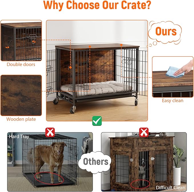 Dog Crate Furniture, 27.2" Small Dog Kennel Wooden Dog Crate with Pull-Out Tray, Double Doors, Modern End Table for Small/Medium Dogs, Grey