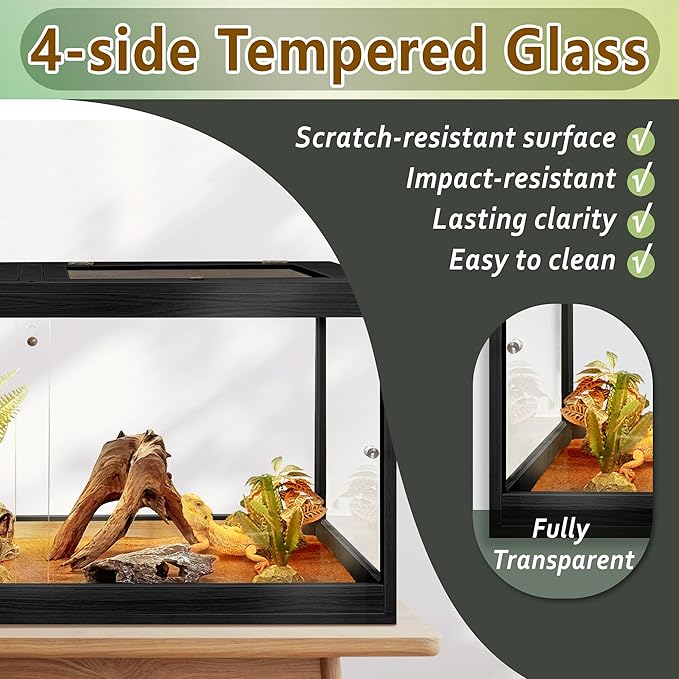 PROLEE Bearded Dragon Tank,Tempered Glass Reptile Tank with Mesh Roof and Front Sliding Door,Anti-Scratch Lizard Tank,Spacious Reptile Enclosure for Snakes,Lguanas (Black, 63Gallons,40"x20"x20")