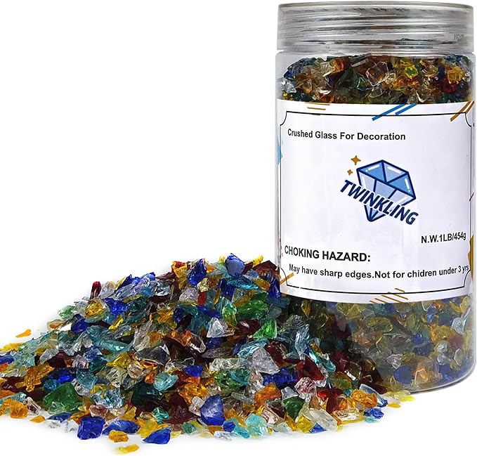 TWINKLING High Luster Crushed Glass, Broken Glass Chips for Fire Pit DIY Resin Art Epoxy Crafts, Nail Art, Geode Painting, 6-9mm(370g/13oz.) (Mixed Color)