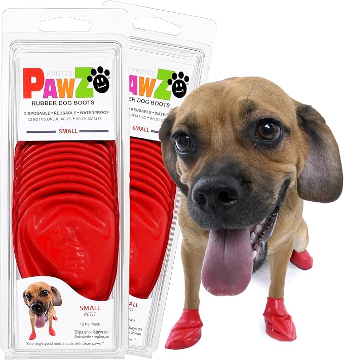 PawZ Rubber Dog Boots for Paws up to 2 1/2", 24 Total (2 Packs of 12) - All-Weather Dog Booties for Hot Pavement, Snow, Mud, and Rain - Waterproof, Anti Slip Dog Socks - Small, Red
