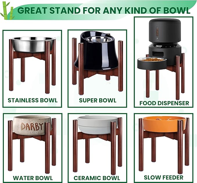 Stand for Dog Water/Food Bowl, Fountain Dishes and Feeders - Makes 14-inch High, Ideal for Large Breeds - Adjustable Sideways with Lock, Dark Wood - Bowls Not Included