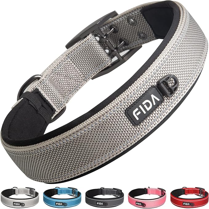 Fida Heavy Duty Dog Collar 1.5” Width, Ultra Soft Neoprene Padded, Adjustable Reflective Nylon Pet Collar with Two Metal Pin Belt Buckle for Large/X-Large Breeds (XL, Grey)