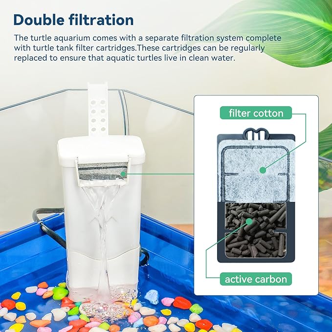 Aquatic Turtle Tank Habitat Kit Stone+Filter+Heat Lamp Enhancing Interaction with 360° Viewing, Standalone Filtration, DIY Creative Zone, Enriched Living (Blue, Large[with Light])