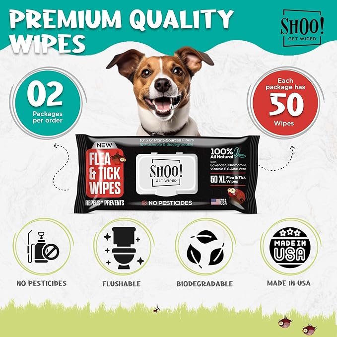 Shoo! Flea & Tick Wipes for Dogs | Convenient, Easy On-The-Go Protection | Plant Based, Natural Oils, Chemical Free | Repels & Prevents | 50 XL Wipes (2 Pack) | Original -Lavender