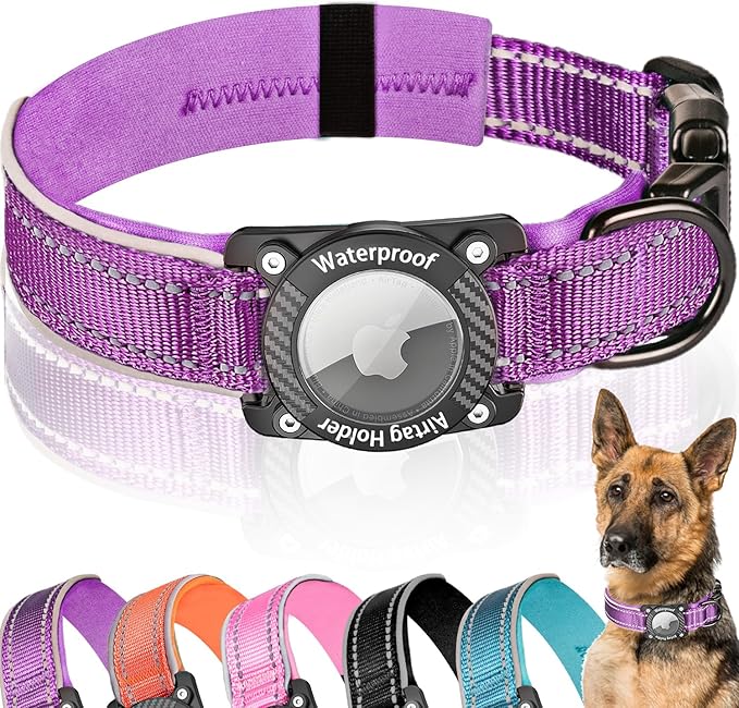 Upgraded AirTag Dog Collar, IP68 Waterproof Dog Collar with Apple Air Tag Holder, Reflective Adjustable Heavy Duty Dog Collars with Soft Padded for Small, Medium and Large Dogs,Purple, XL